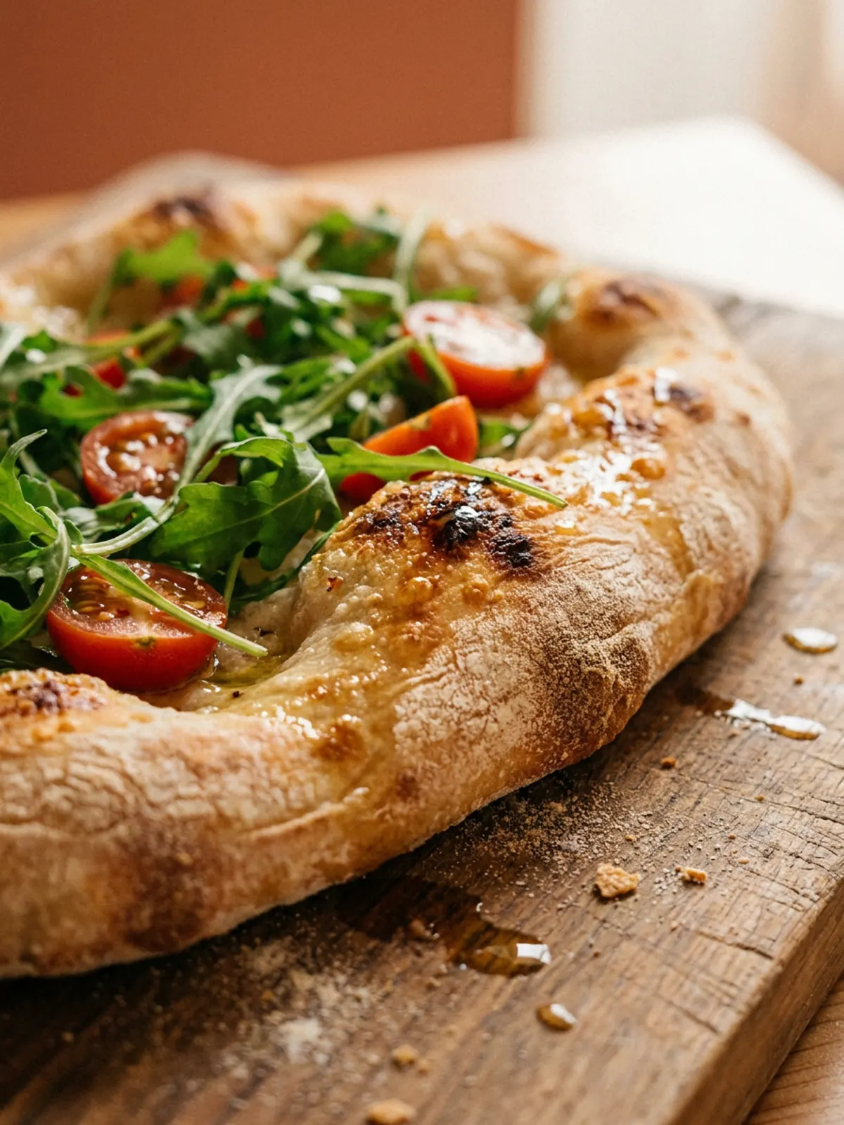 Frisch gebackene Pinsa Romana mit Rucola und halbierten Kirschtomaten auf einem Holzbrett, goldbraune knusprige Kruste vor warmem Terrakotta-Hintergrund.