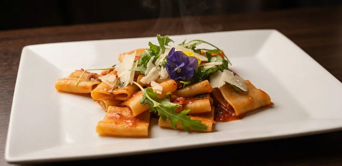 Paccheri mit Rucola und gehobeltem Parmesan, warm angerichtet.