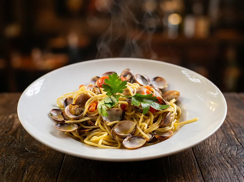 Spaghetti alle vongole mit frischen Venusmuscheln und Kräutern.