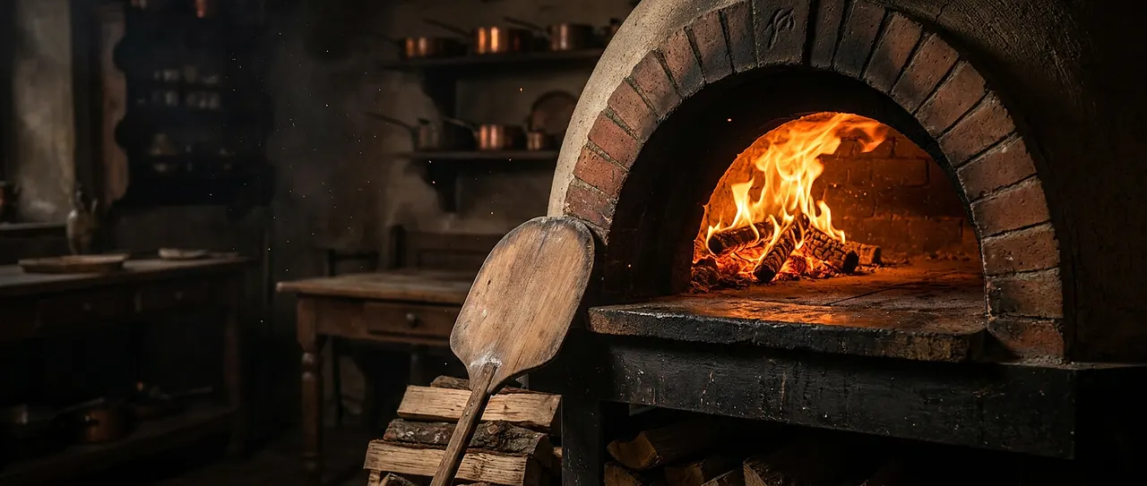 Holzbefeuerter Pizzaofen mit loderndem Feuer und Glut, Pizzaschaufel daneben, in warmem Licht.
