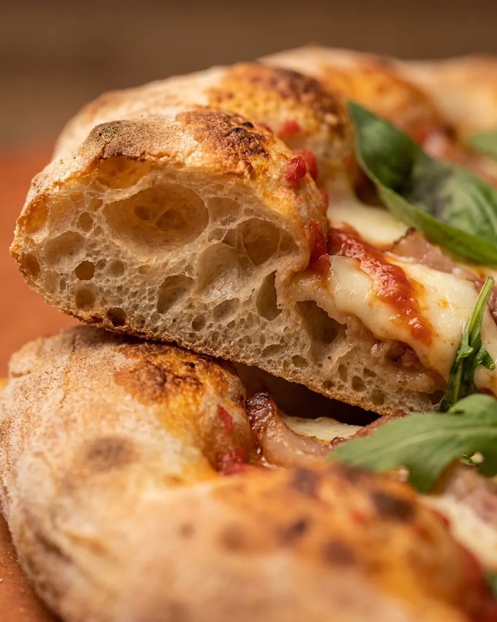 Nahaufnahme einer aufgeschnittenen Pinsa mit luftig-poriger Teigkrume, geschmolzenem Mozzarella und Basilikum in warmem Licht.