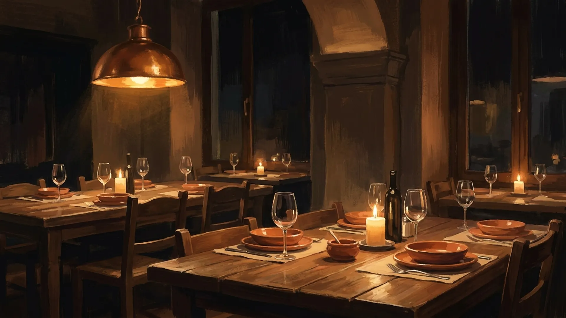 Stimmungsvolle Abendszene in einer Trattoria mit gedecktem Tisch, Weingläsern und Kerze unter einer kupfernen Hängelampe, in warmen Braun- und Ambertönen.
